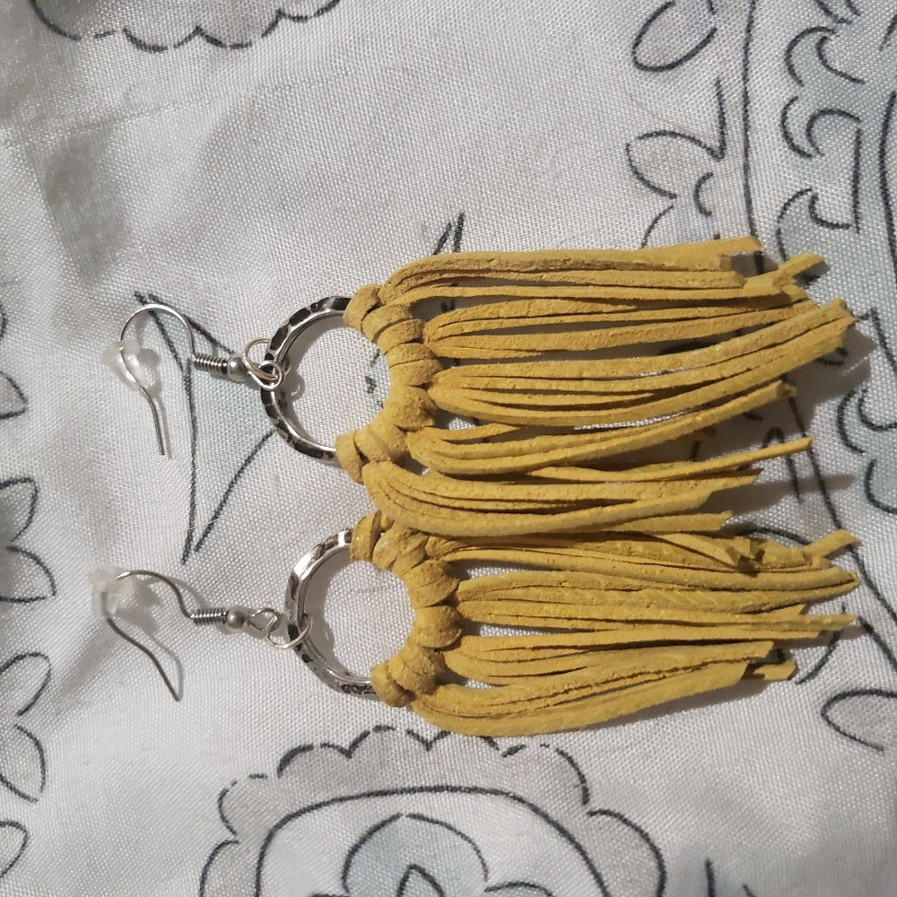 Yellow Leather Tassel Earrings